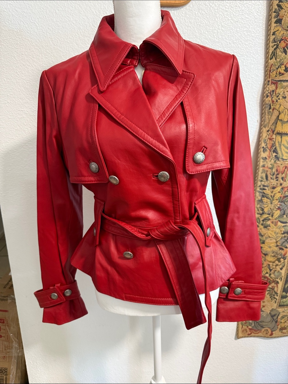 Wilsons Leather Red Double-Breasted Belted Leather Jacket